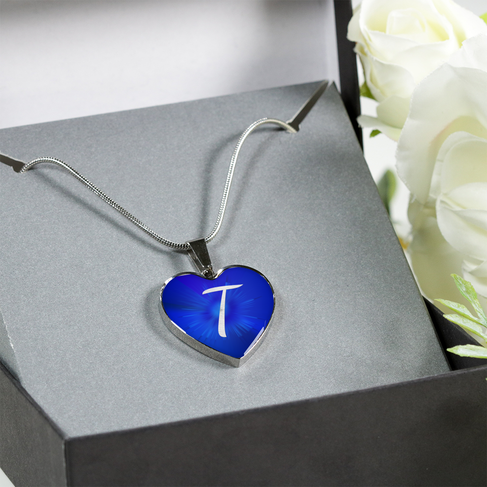 Initial Pride "T" Luxury Heart Necklace - Sapphire Blue
