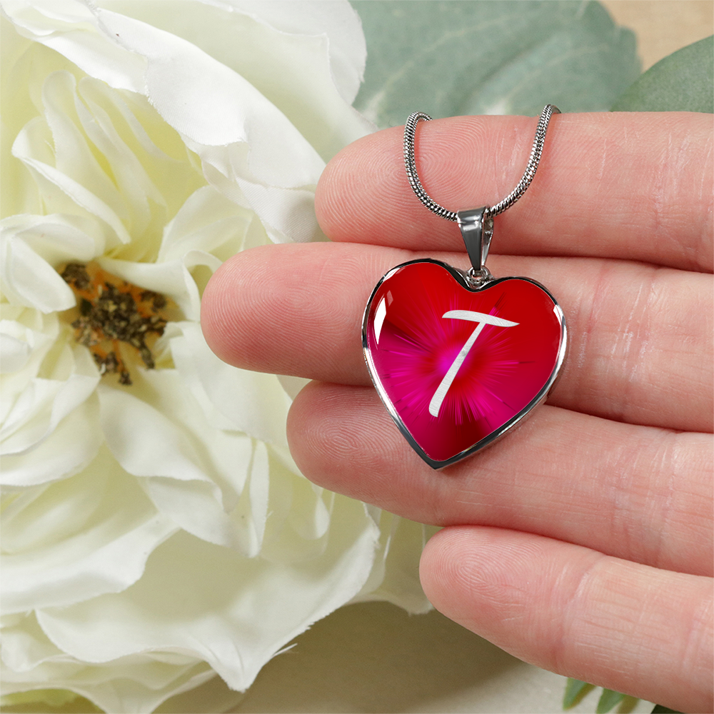 Initial Pride "T" Luxury Heart Necklace - Ruby Red