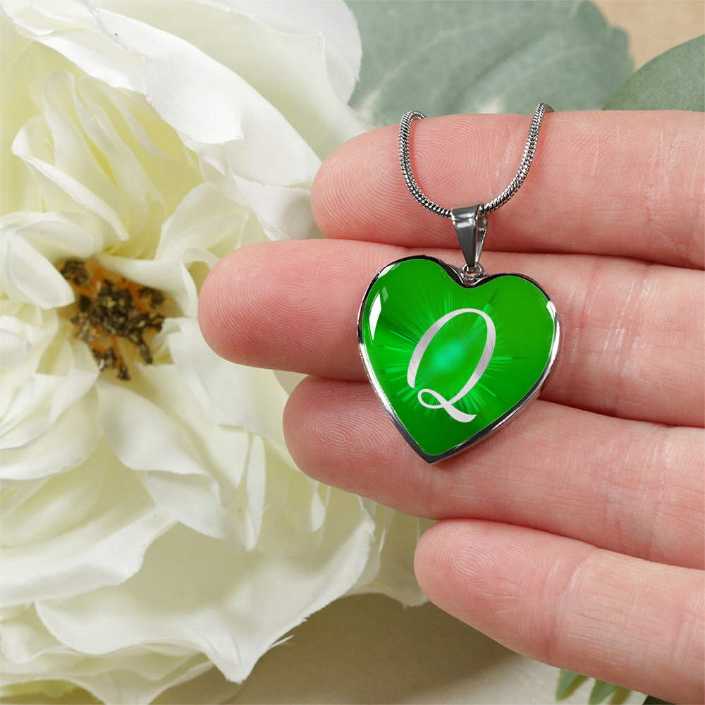 Initial Pride "Q" Luxury Heart Necklace - Irish Green