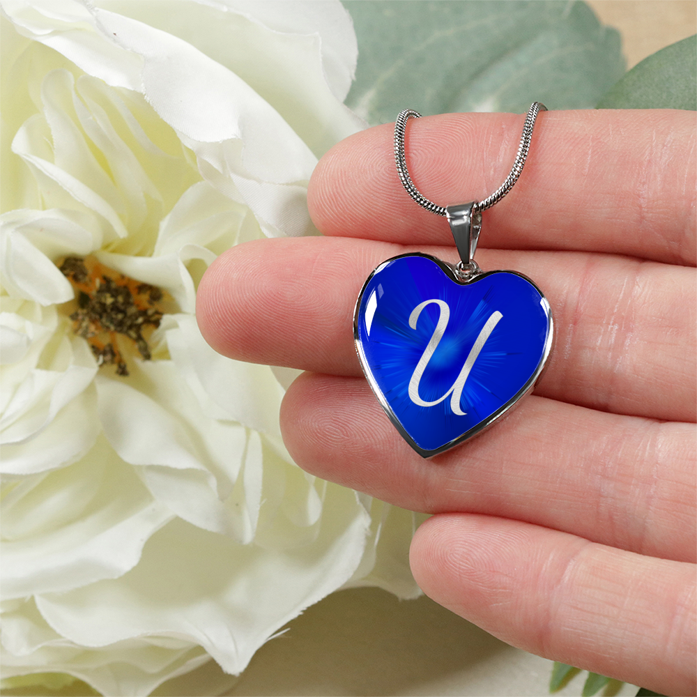 Initial Pride "U" Luxury Heart Necklace - Sapphire Blue