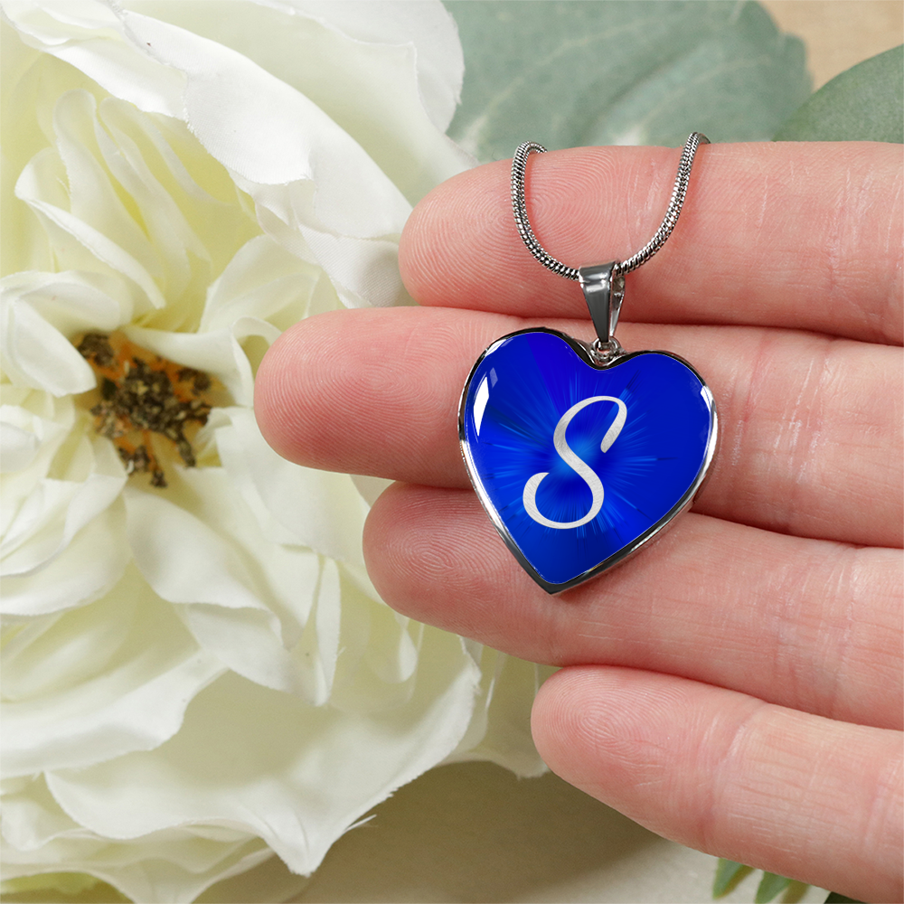 Initial Pride "S" Luxury Heart Necklace - Sapphire Blue