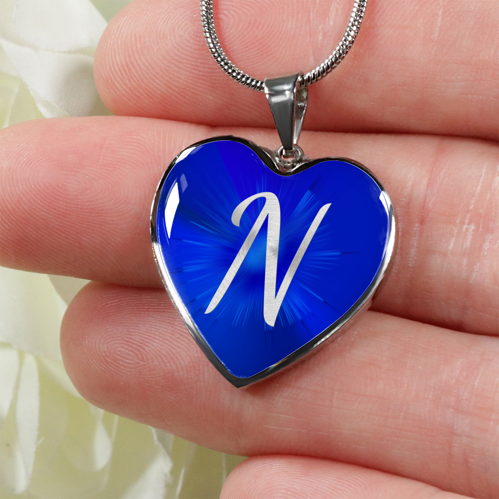 Initial Pride "N" Luxury Heart Necklace - Sapphire Blue