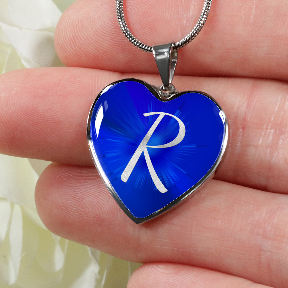 Initial Pride "R" Luxury Heart Necklace - Sapphire Blue