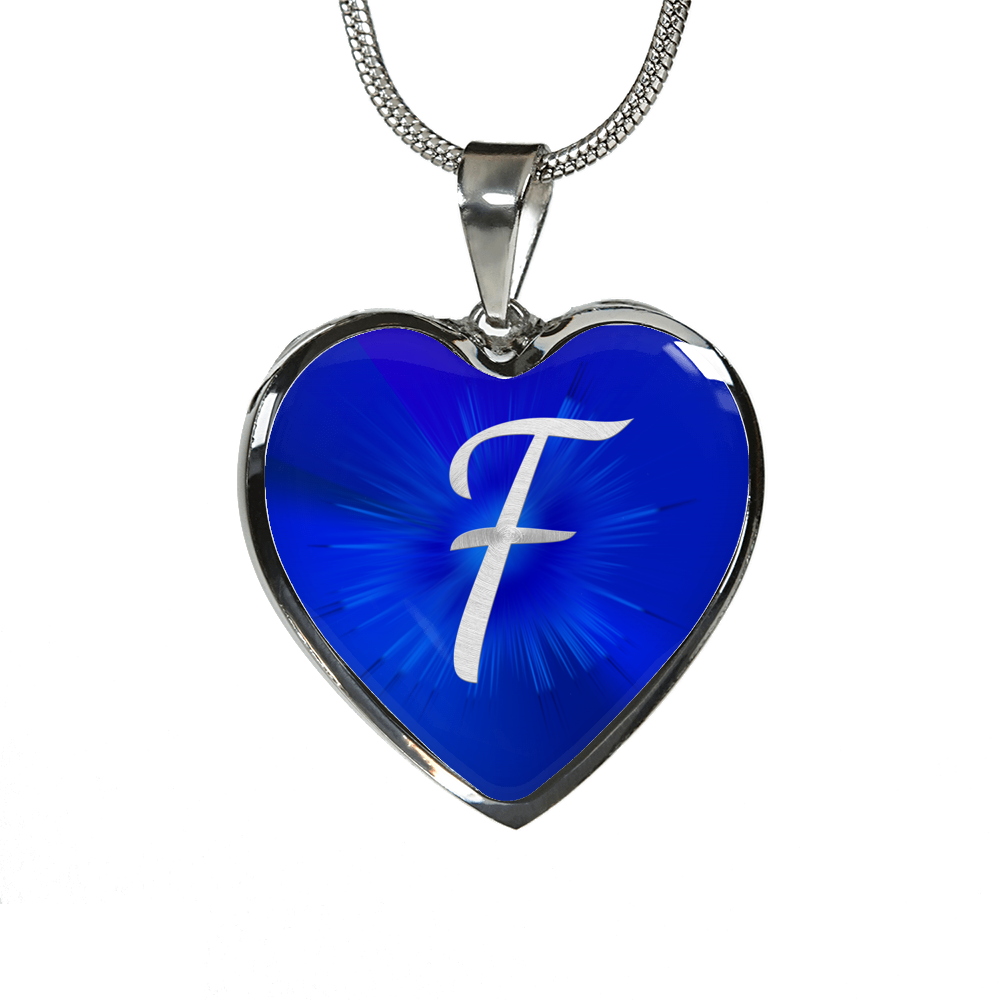 Initial Pride "F" Luxury Heart Necklace - Sapphire Blue