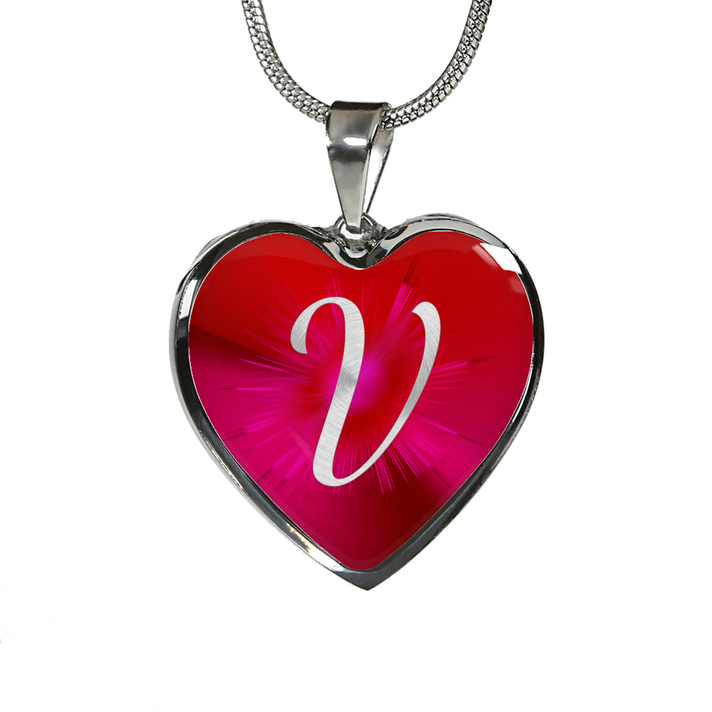 Initial Pride "V" Luxury Heart Necklace - Ruby Red