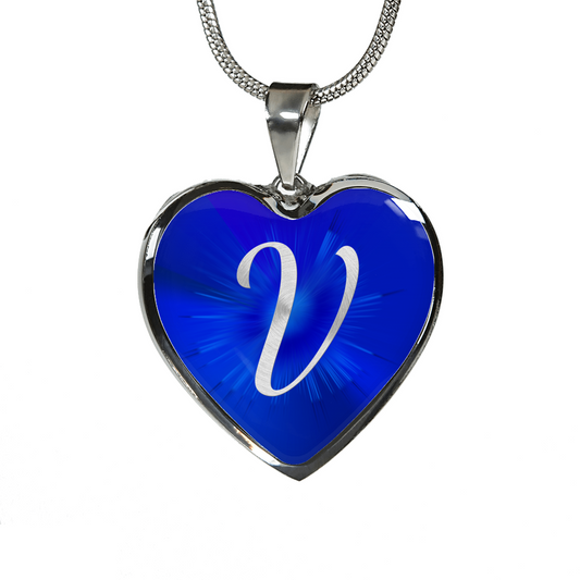 Initial Pride "V" Luxury Heart Necklace - Sapphire Blue