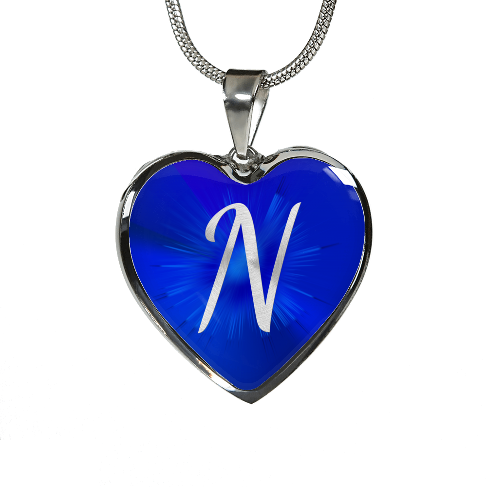 Initial Pride "N" Luxury Heart Necklace - Sapphire Blue